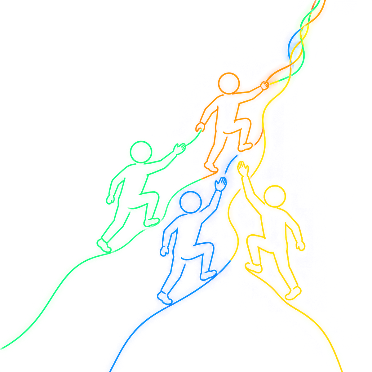 Four people climb separate paths while reaching up to support one another